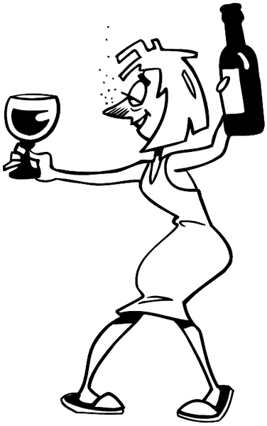 Drunk lady with a bottle and glass vinyl sticker. Customize on line. Drug Abuse 029-0066